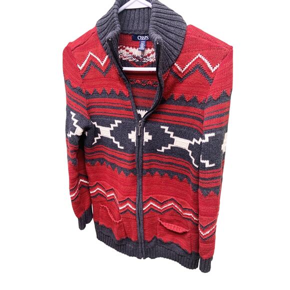 Chaps Sweater Size S Womens Zipper Cardigan Indian Aztec Tribal Red - Picture 2 of 7